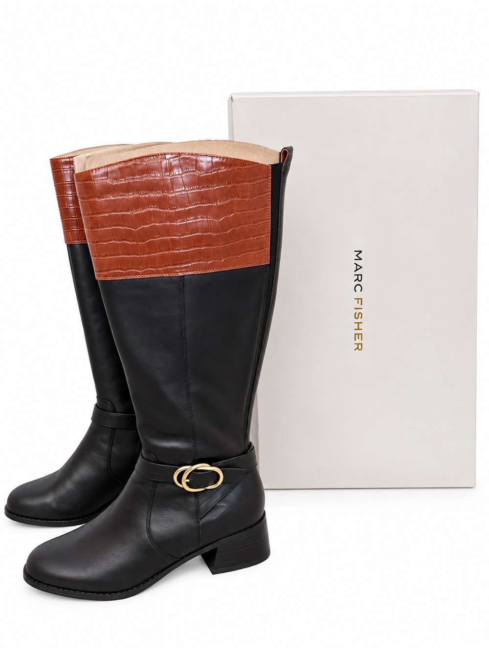 Marc Fisher Black and Brown Croc-Trim Riding Boots with Gold Buckle